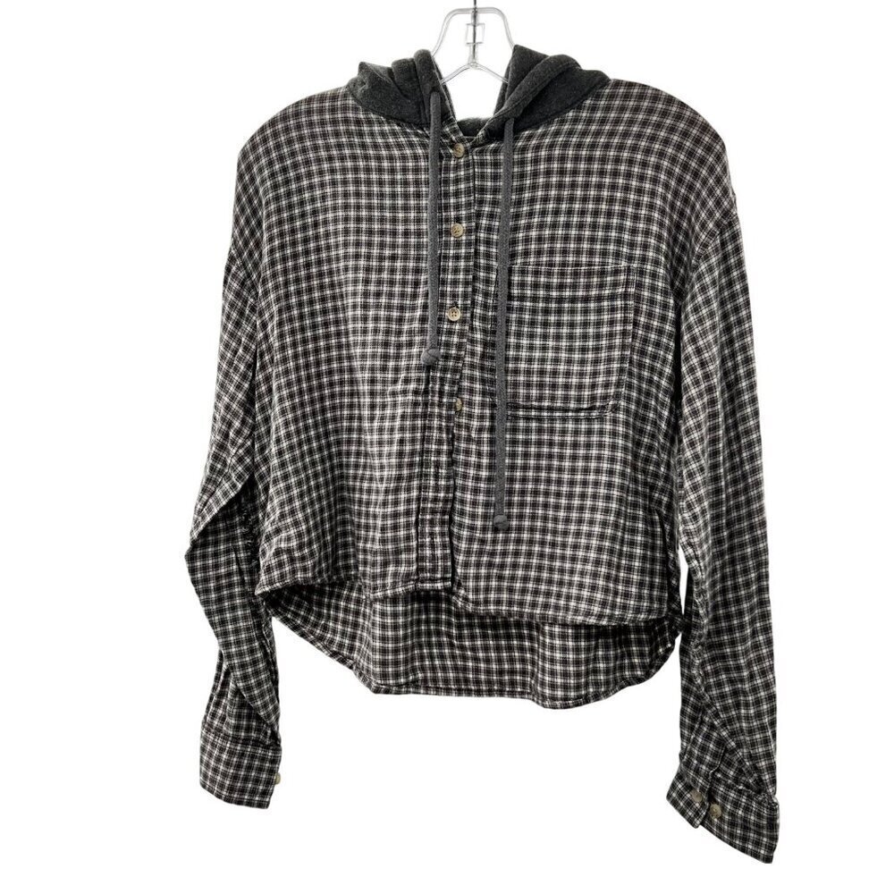 American Eagle Plaid Cropped Jacket Hooded Button Up Gray/Multi Size Small